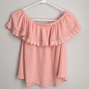 Off the shoulder top with crochet fringe detail